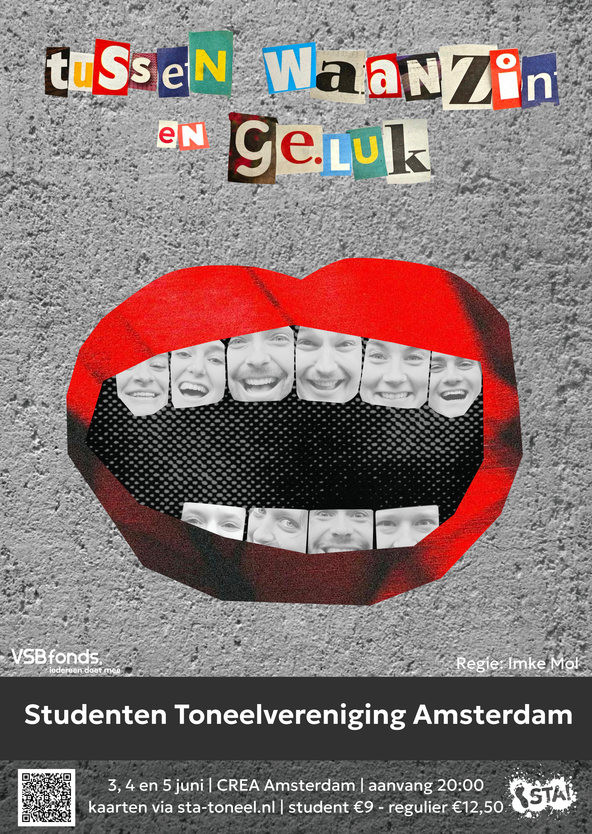 Tussen waanzin en geluk, Imke Mol, 2025-2026 - Teksttheater - Crea Theater - VSB Fonds poster Tussen waanzin en geluk